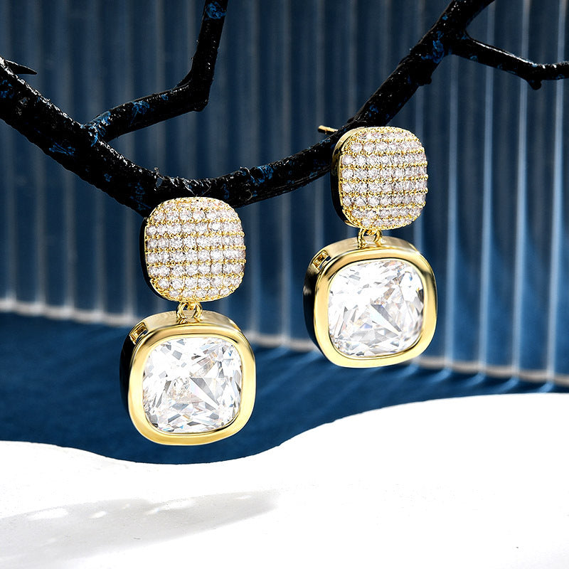 Cushion Cut Diamond Drop Earrings Women Pave Two Tier Square Gold Statement Earrings