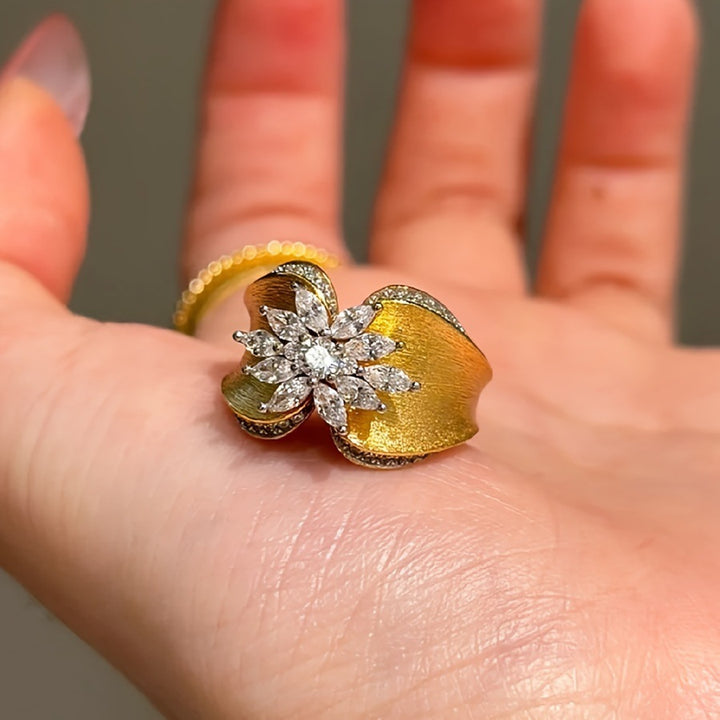 Vintage Textured Engraved Gold Petal Diamond Ring, Luxury Artistic Wide Band Ring For Women