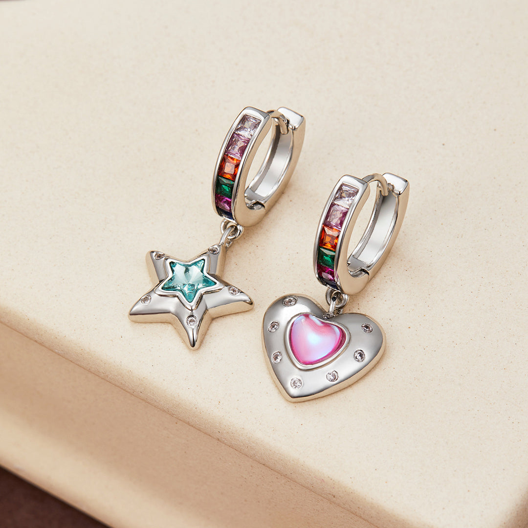 Star & Heart Asymmetrical Charm Hoop Earrings Sweet‑Cool Colorful Gem Unique Earrings
