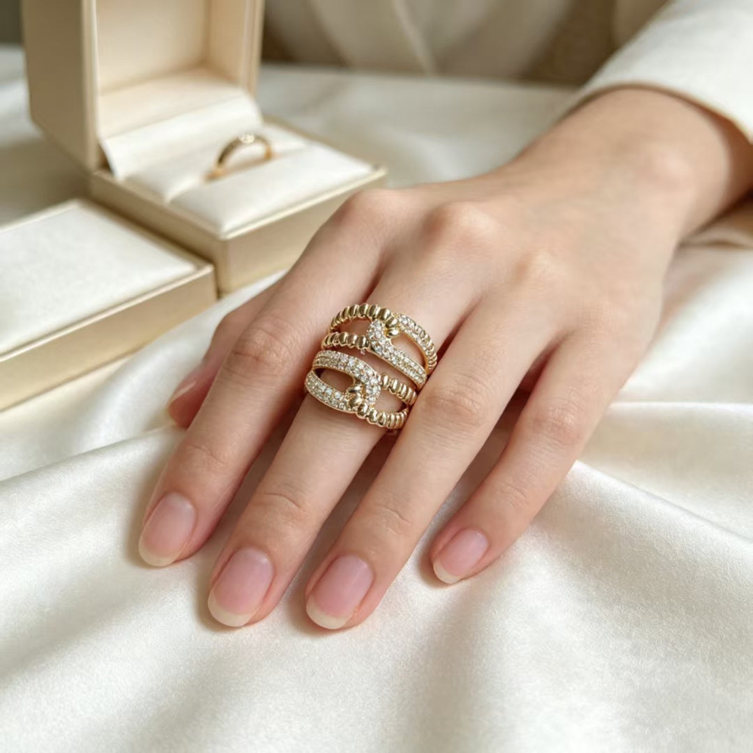 Multi‑layer Intertwined Beaded Full Diamond Open Ring Luxury Wide Band Women Ring