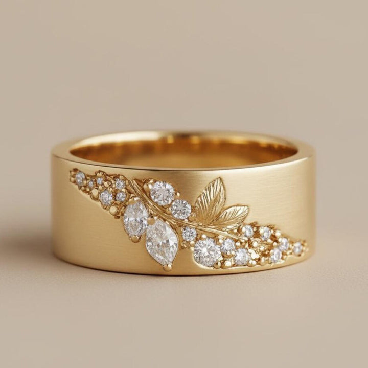 Vintage Leaf Branch Wide Band Ring Marquise Round Diamond Inlaid Statement Ring Bridal Wedding Band Elegant Stackable Cocktail Ring Timeless Luxury Jewelry For Her Gift