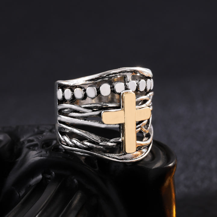 Cross Multi Band Wide Statement Ring Two Tone Layered Twisted Band Faith Religious Jewelry For Women Men