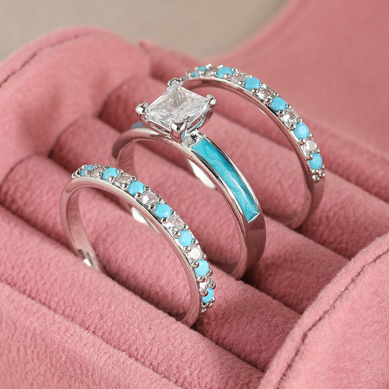 Square‑Cut Diamond 3‑Piece Stackable Ring Set, Turquoise Inlaid Band Rings