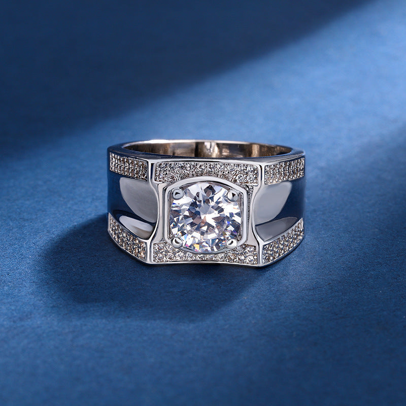 Business Style Wide Band Center Stone Paved Diamond Mens Ring