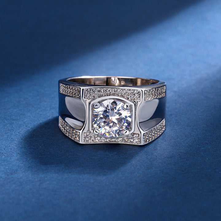 Business Style Wide Band Center Stone Paved Diamond Mens Ring