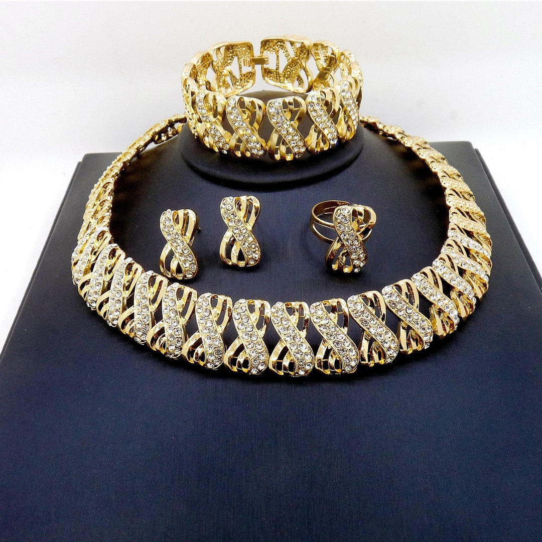 Diamond Twisted Interwoven Jewelry Set 4 Pcs Statement Necklace Bracelet Earring Ring Formal Wedding Bridal Jewelry For Women