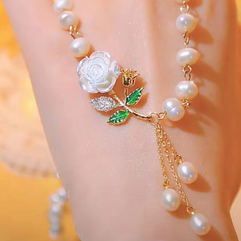 Vintage Rose Tassel Pearl Necklace Elegant Women Chain Wedding Party Statement Jewelry
