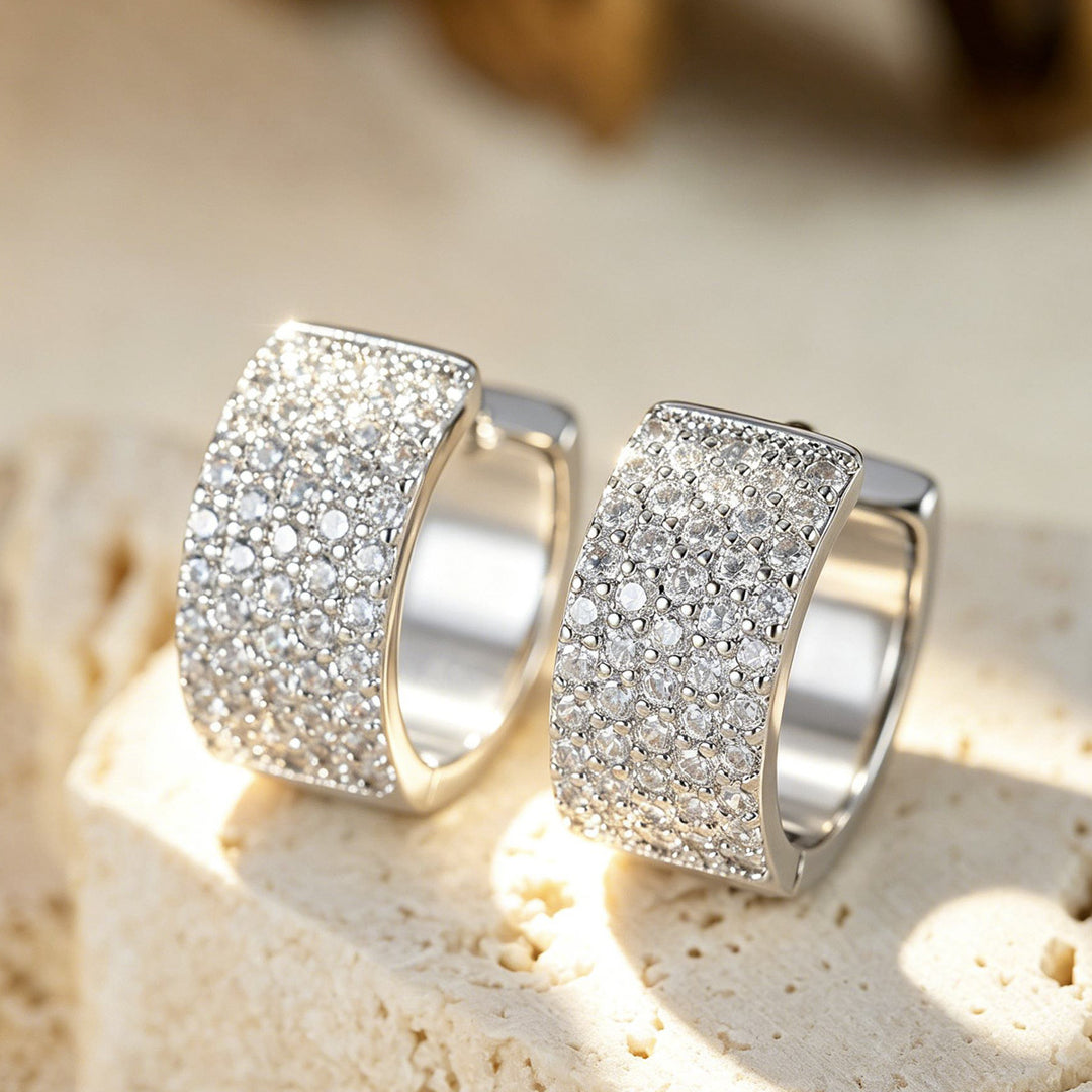 Paved Diamond Wide Square Huggie Earrings Luxury Minimalist Ear Jewelry