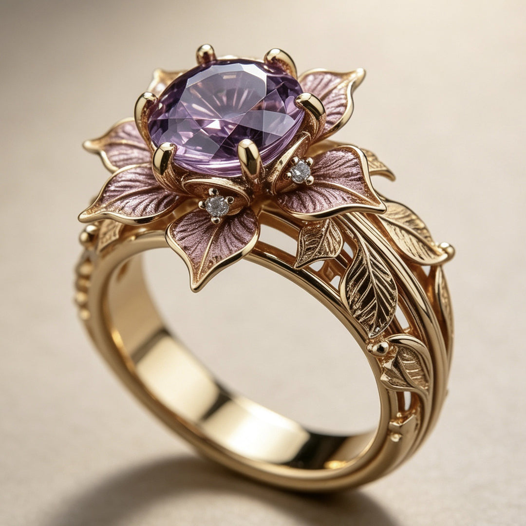 Floral Purple Gem Engagement Ring Nature Inspired Leaf Statement Ring Vintage Romantic Cocktail Ring For Women
