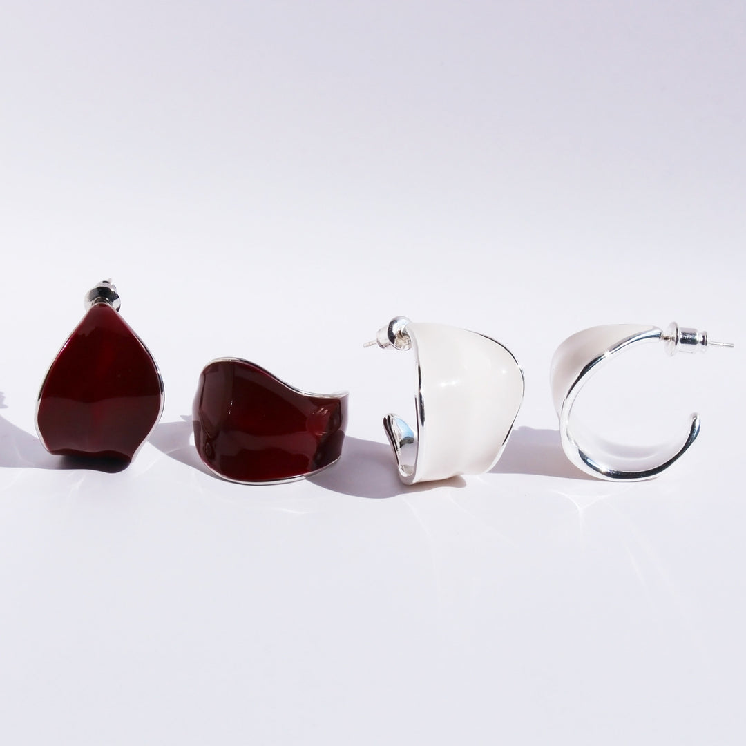 Sterling Silver Post Enamel CHoop Earrings Artistic Irregular Curved Hoops Angola Red And White Premium Jewelry