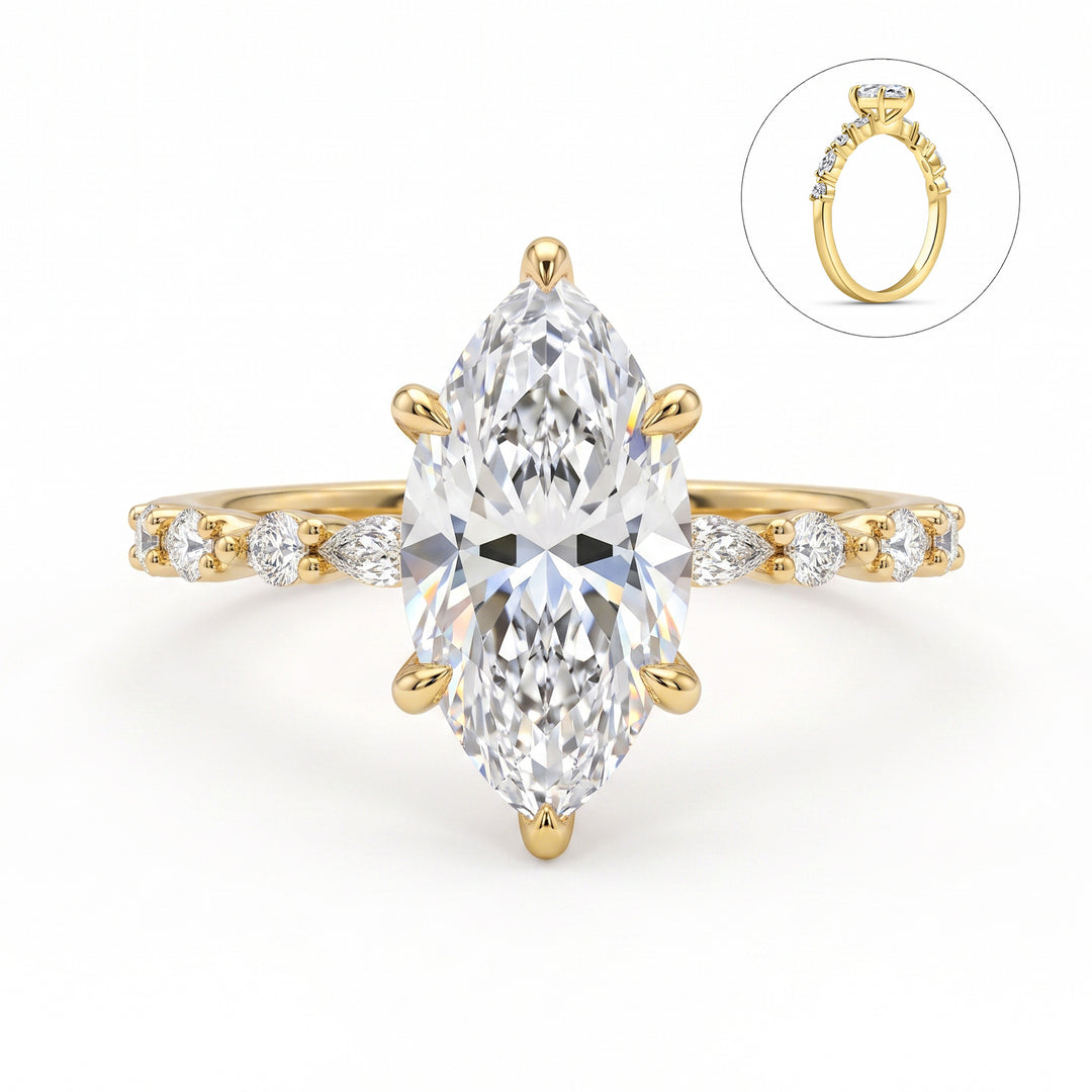 Marquise Cut Diamond Engagement Ring Six Prong Setting Side Stone Paved Wedding Band Ring For Women