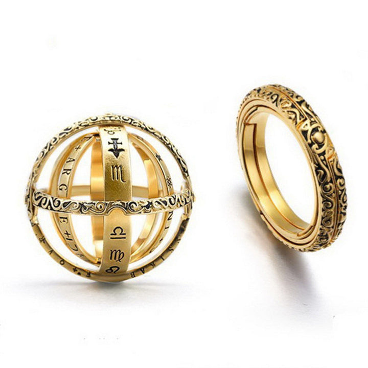 Transformable Armillary Sphere Ring Vintage Engraved Zodiac Symbol Flip‑Open Band