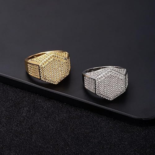 Hexagon Full‑Pave Diamond Wide Band Men Ring Hip‑Hop Heavy‑Set Shiny Diamond Ring