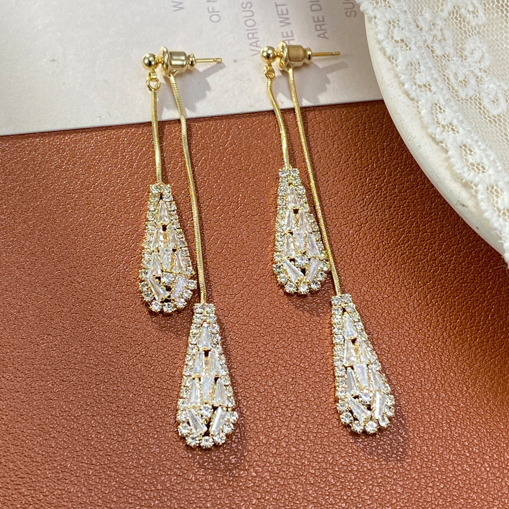 Long Tassel Teardrop Diamond Drop Earrings For Women Wedding Bridal Evening Party Statement Jewelry