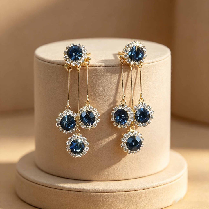 Vintage Blue Diamond Tassel Drop Earrings Women Long Halo Cluster Gold Royal Evening Earrings