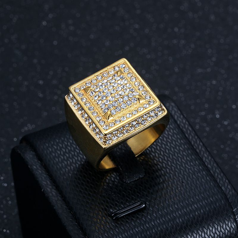 Men's Square Signet Ring Pave Diamond Wide Band Hip Hop Pinky Ring Gold Silver Two Tone