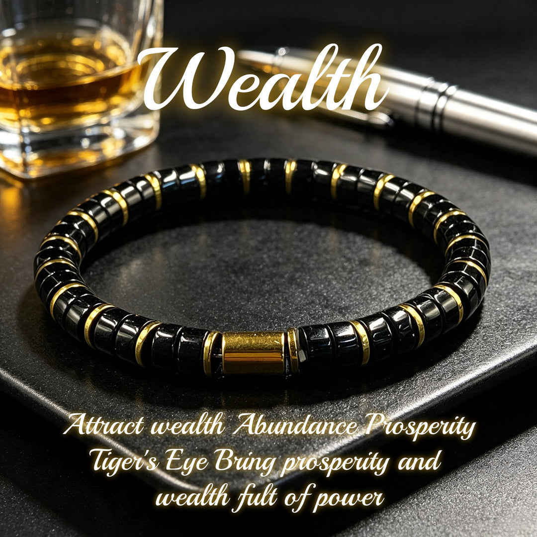 Luxury Tiger's Eye Cylinder Beaded Bracelet Gold Accent Unisex Stackable Fashion Jewelry