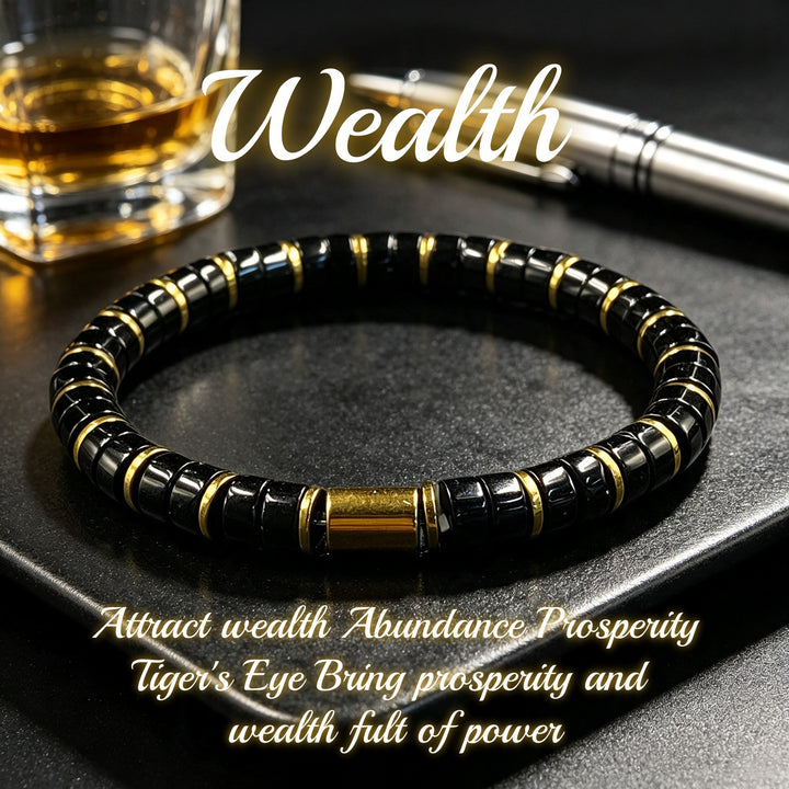 Luxury Tiger's Eye Cylinder Beaded Bracelet Gold Accent Unisex Stackable Fashion Jewelry