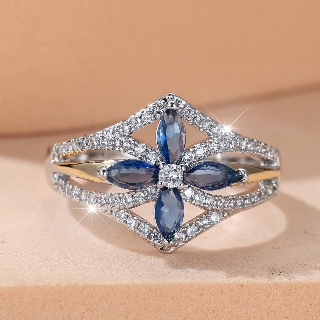 Blue Sapphire Marquise Crossover Ring Women Two Tone Diamond Geometric Statement Ring