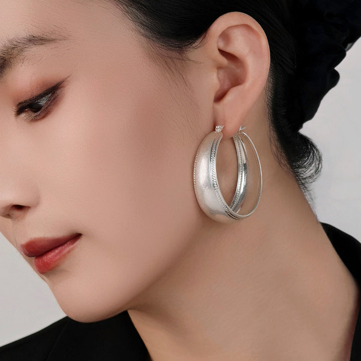 Wide Band Hoop Earrings Pure Silver Ear Pin Vintage Textured Large Circle Earrings For Women