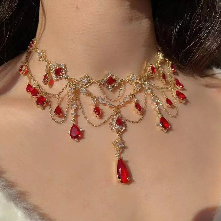 Vintage Red Gemstone Diamond Choker Necklace Women Layered Tassel Statement Necklace for Wedding Party