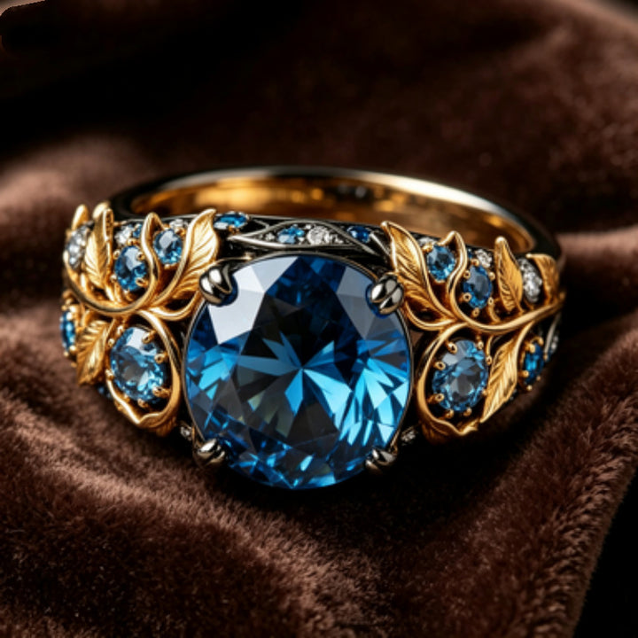 Blue Sapphire Leaf Vine Ring Women Two Tone Gold Silver Vintage Art Nouveau Nature Engagement Ring