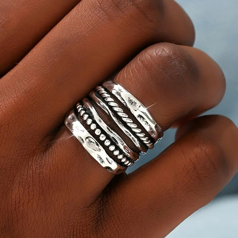 Vintage Hammered Multi Layer Band Ring Retro Stackable Statement Ring For Men Women Gothic Wide Band Jewelry