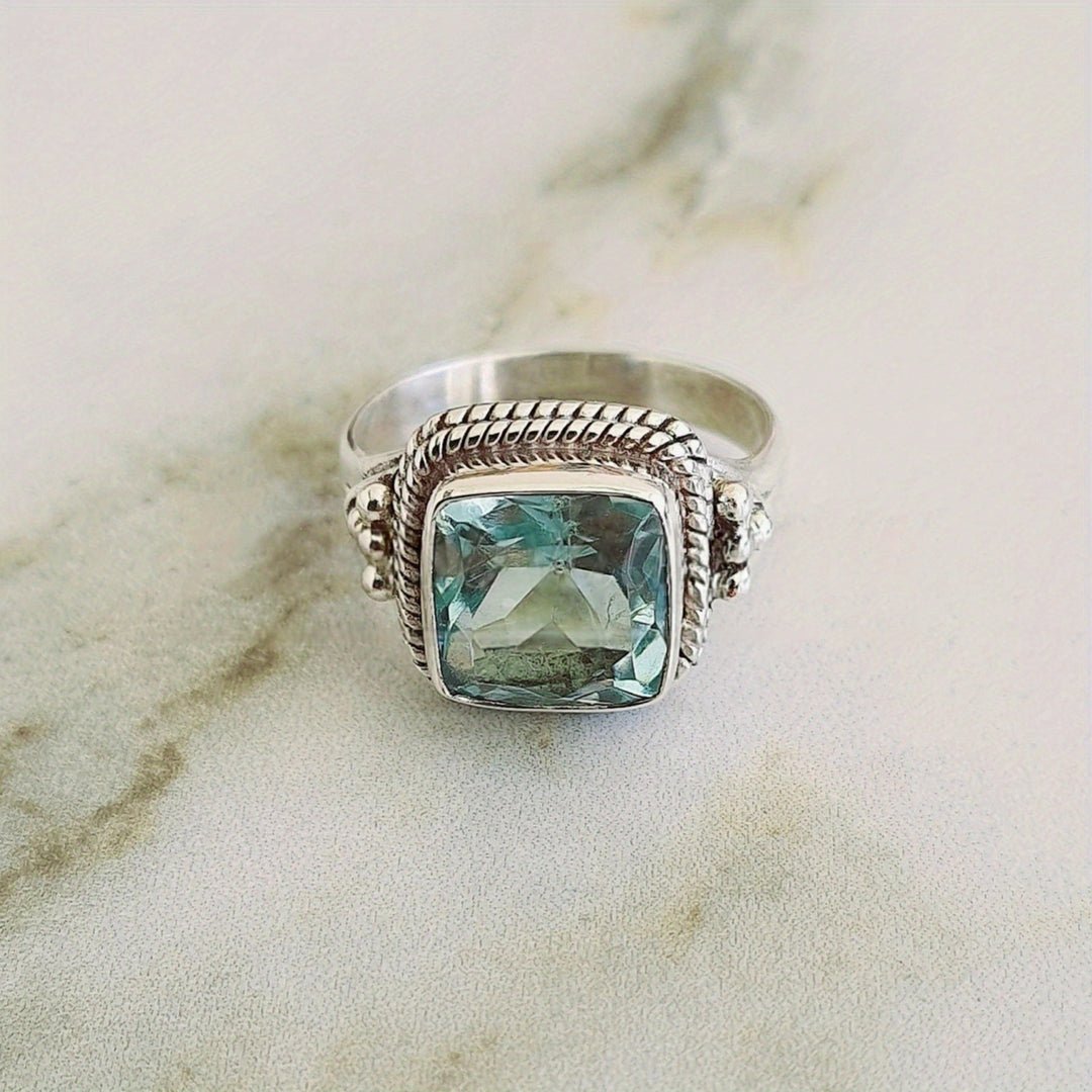 Vintage Square Gemstone Jewelry Ring For Women Inlaid Diamond Handmade Statement Ring