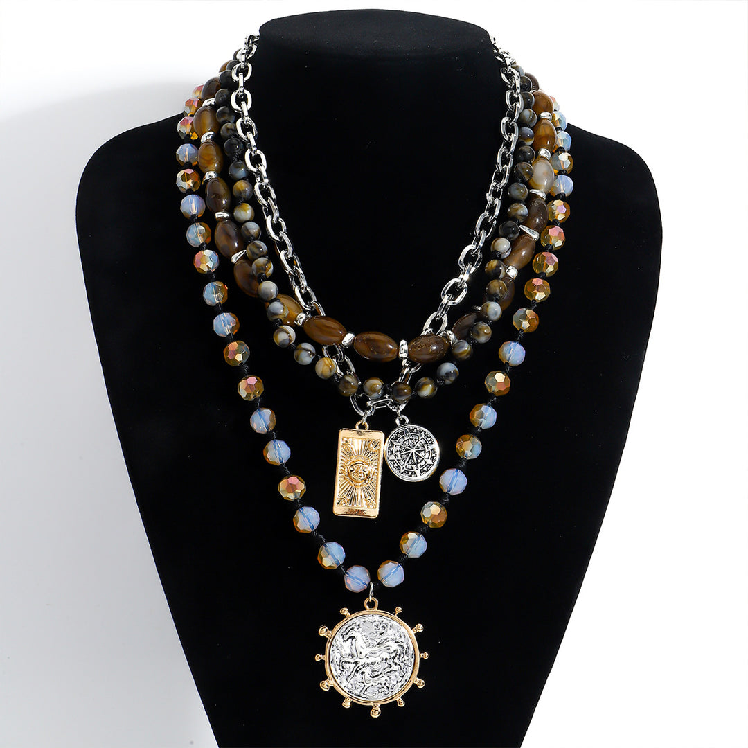 Layered Boho Coin Pendant Necklace Women Tiger Eye Crystal Silver Multistrand Jewelry Gift