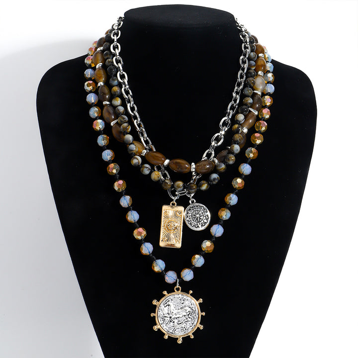 Layered Boho Coin Pendant Necklace Women Tiger Eye Crystal Silver Multistrand Jewelry Gift