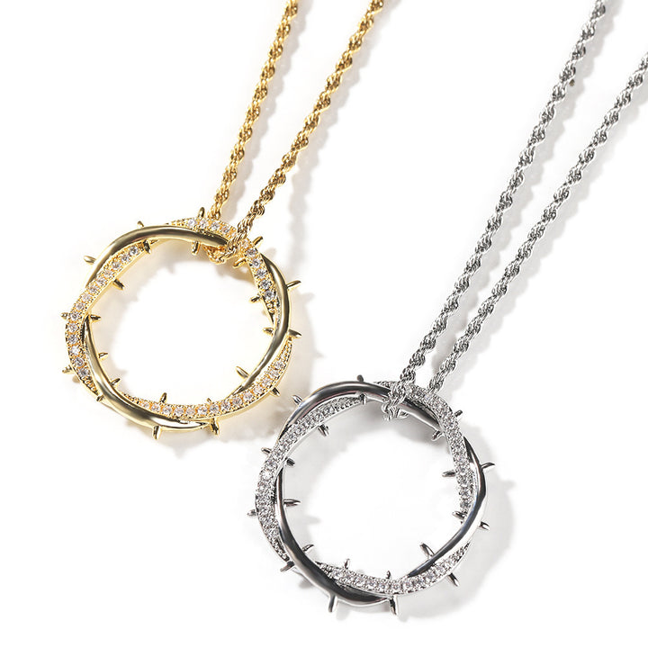 Crown of Thorns Twisted Circle Pendant Necklace Pavé Diamond Inlaid Rope Chain Statement Edgy Unisex Trendy Pendant Jewelry Gift