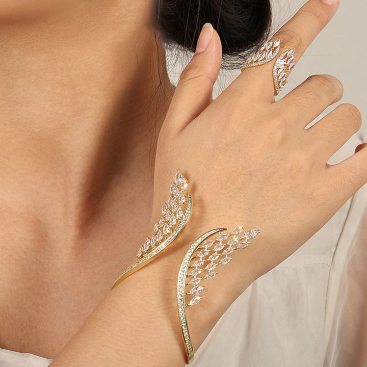 Angel Wing Marquise Diamond Chevron Ring and Cuff Bracelet Set Women Leaf Branch Jewelry Set