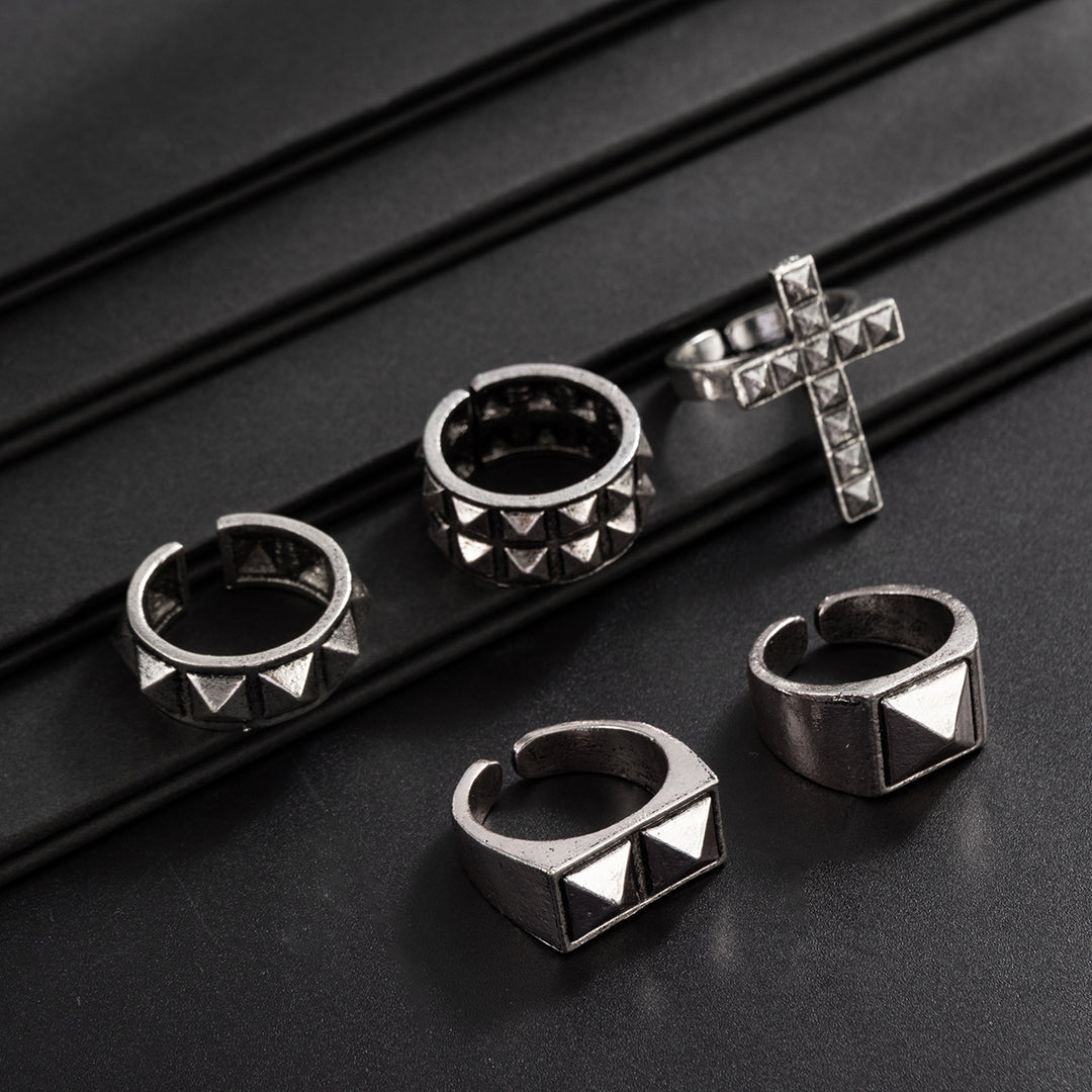 Silver Pyramid Stud Cross Five Piece Ring Set Punk Mens Adjustable Open Rings