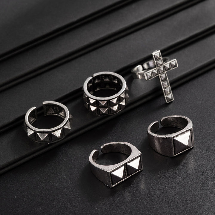 Silver Pyramid Stud Cross Five Piece Ring Set Punk Mens Adjustable Open Rings