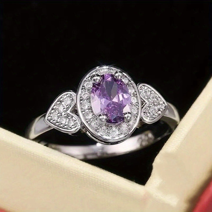 Oval Purple Diamond Halo Ring Women Heart Shank Silver Engagement Promise Ring Vintage Birthstone Cocktail Ring Gift