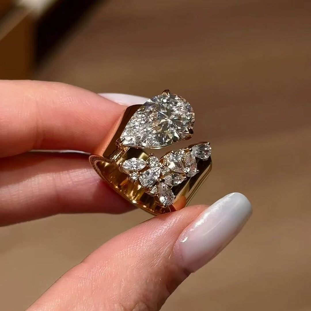 Pear Diamond Open Ring Women Gold Halo Solitaire Adjustable Luxury Jewelry Gift