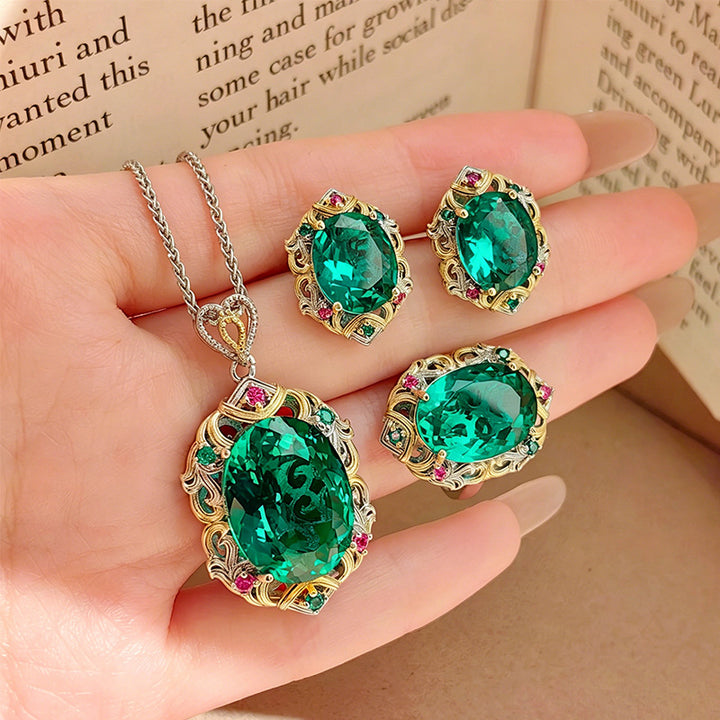 Vintage Emerald Green Oval Diamond Jewelry Set Women Pendant Necklace Earrings Ring Baroque Statement Set