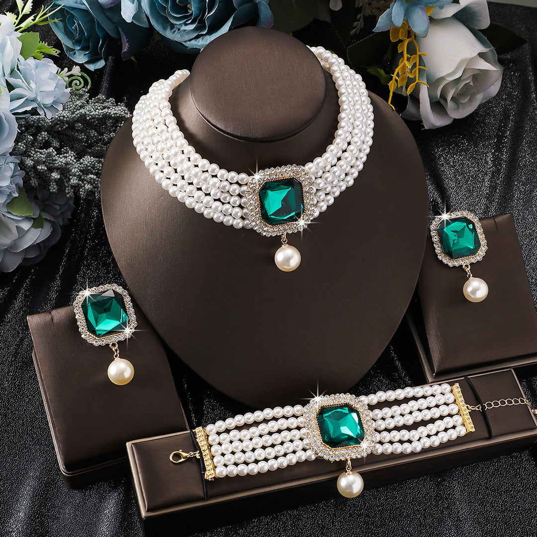 14K Gold Pearl Diamond Jewelry Set Multi‑Layer Pearl Choker Earrings Bracelet Three‑Piece Luxurious Colored Gemstone Ornaments
