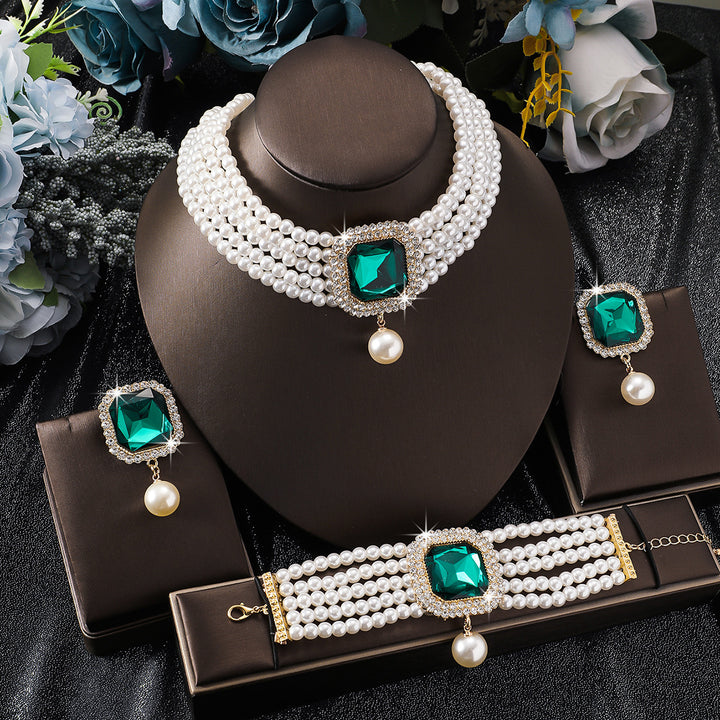 14K Gold Pearl Diamond Jewelry Set Multi‑Layer Pearl Choker Earrings Bracelet Three‑Piece Luxurious Colored Gemstone Ornaments