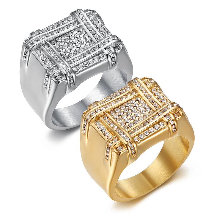 Men's Square Full‑Paved Wide Band Ring Retro Grid Heavy‑Weight Ring