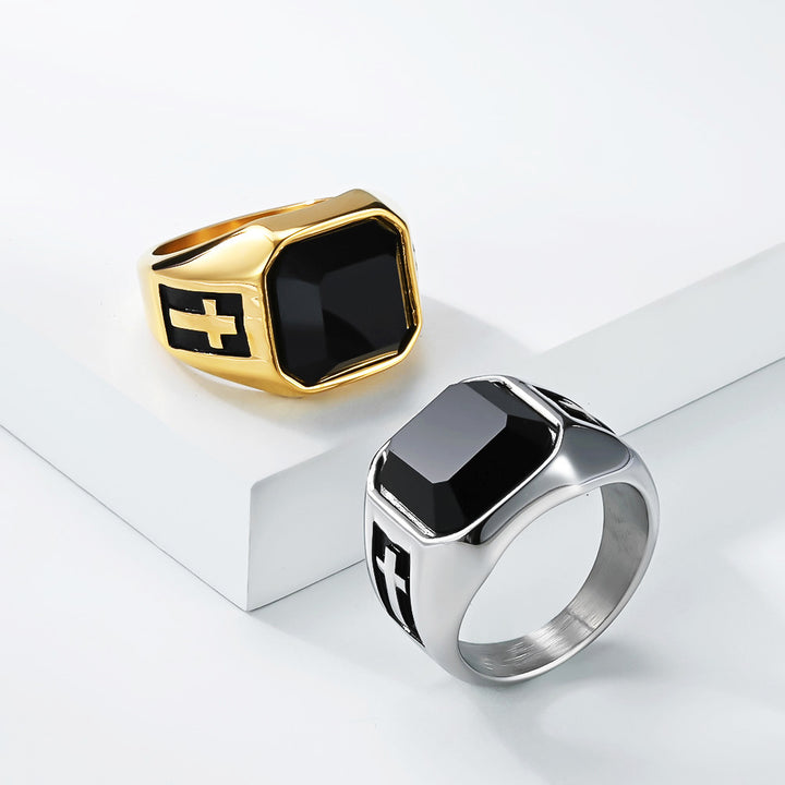 Cross Black Gemstone Men Wide Band Ring Retro Square‑Cut Signet Ring