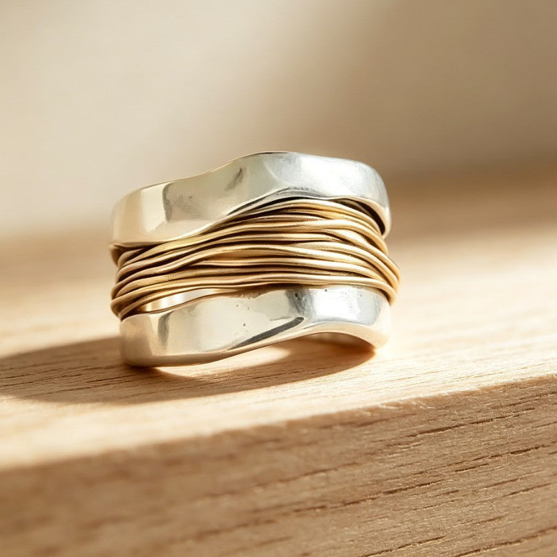 Two Tone Wavy Wire Wrap Statement Ring Minimalist Modern Wide Band Unisex Stackable Handcrafted Ring