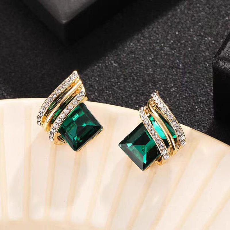Emerald Square Stone Twist Band Stud Earrings Vintage Luxury Statement Jewelry For Women