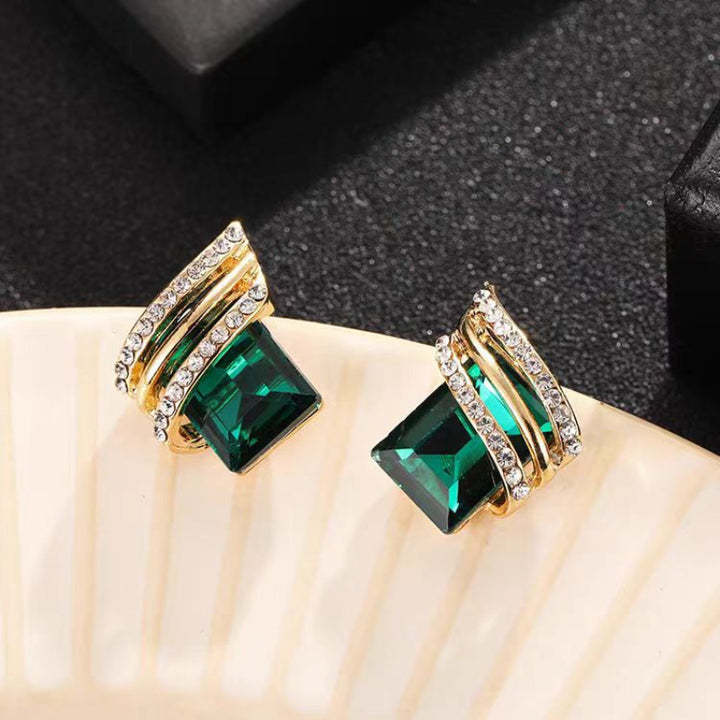 Emerald Square Stone Twist Band Stud Earrings Vintage Luxury Statement Jewelry For Women