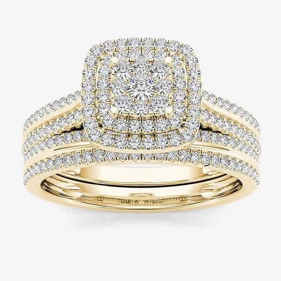 Square Halo Diamond Wedding Ring Set For Women Luxury Stacking Two Pie ...