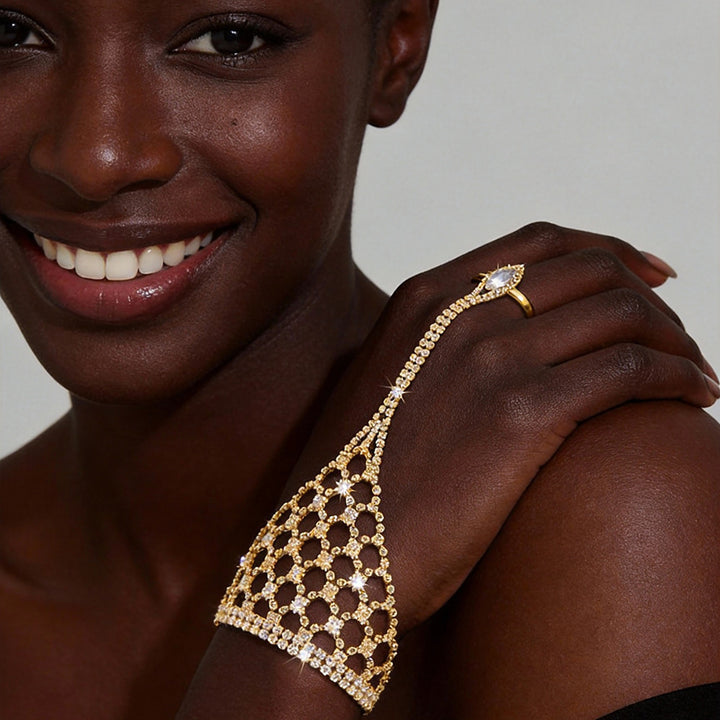 Luxury Mesh Full‑Paved Diamond Hand Chain, Elegant Party Finger‑Connected Bracelet