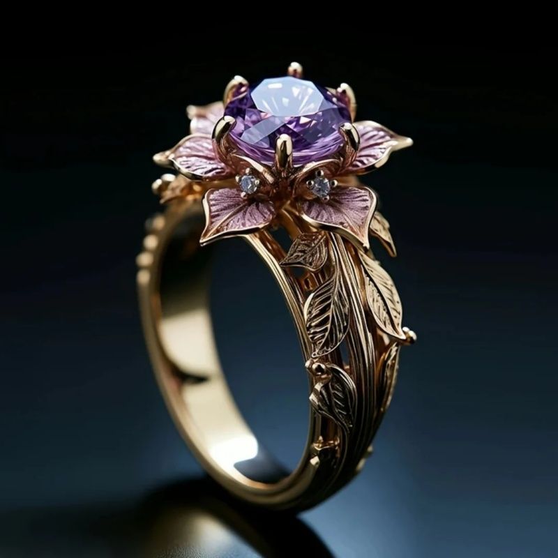 Floral Purple Gem Engagement Ring Nature Inspired Leaf Statement Ring Vintage Romantic Cocktail Ring For Women