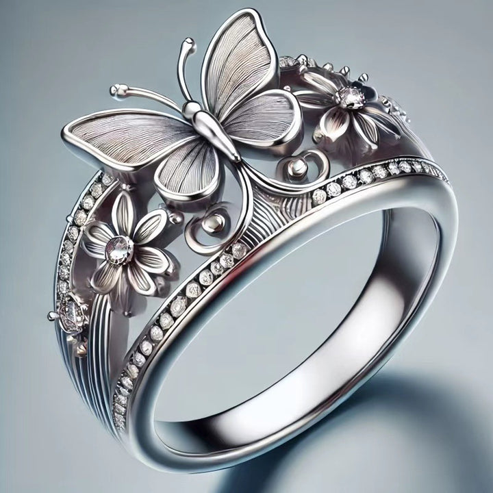 Vintage Butterfly Flower Statement Ring Elegant Inlaid Diamond Women Jewelry