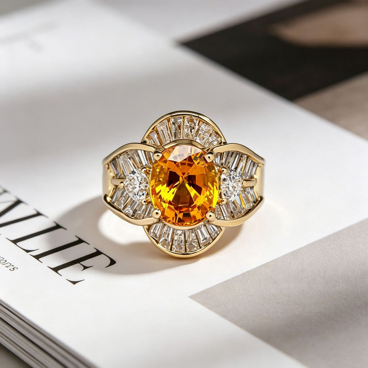 Oval Citrine Vintage Floral Women’s Ring Luxurious Halo‑Set Statement Ring