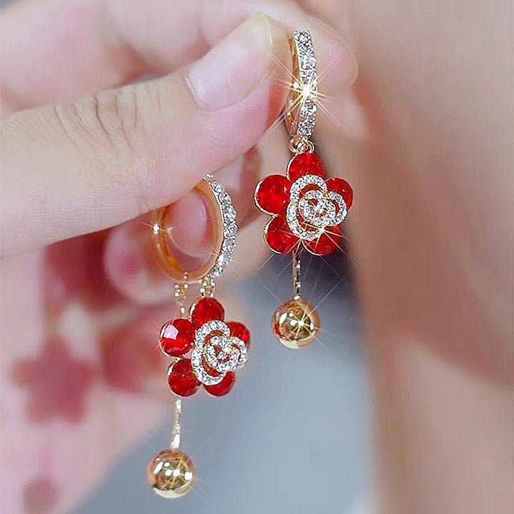 Red Flower Drop Earrings Women Rose Gold Leverback Ball Dangle Wedding Party Jewelry Gift